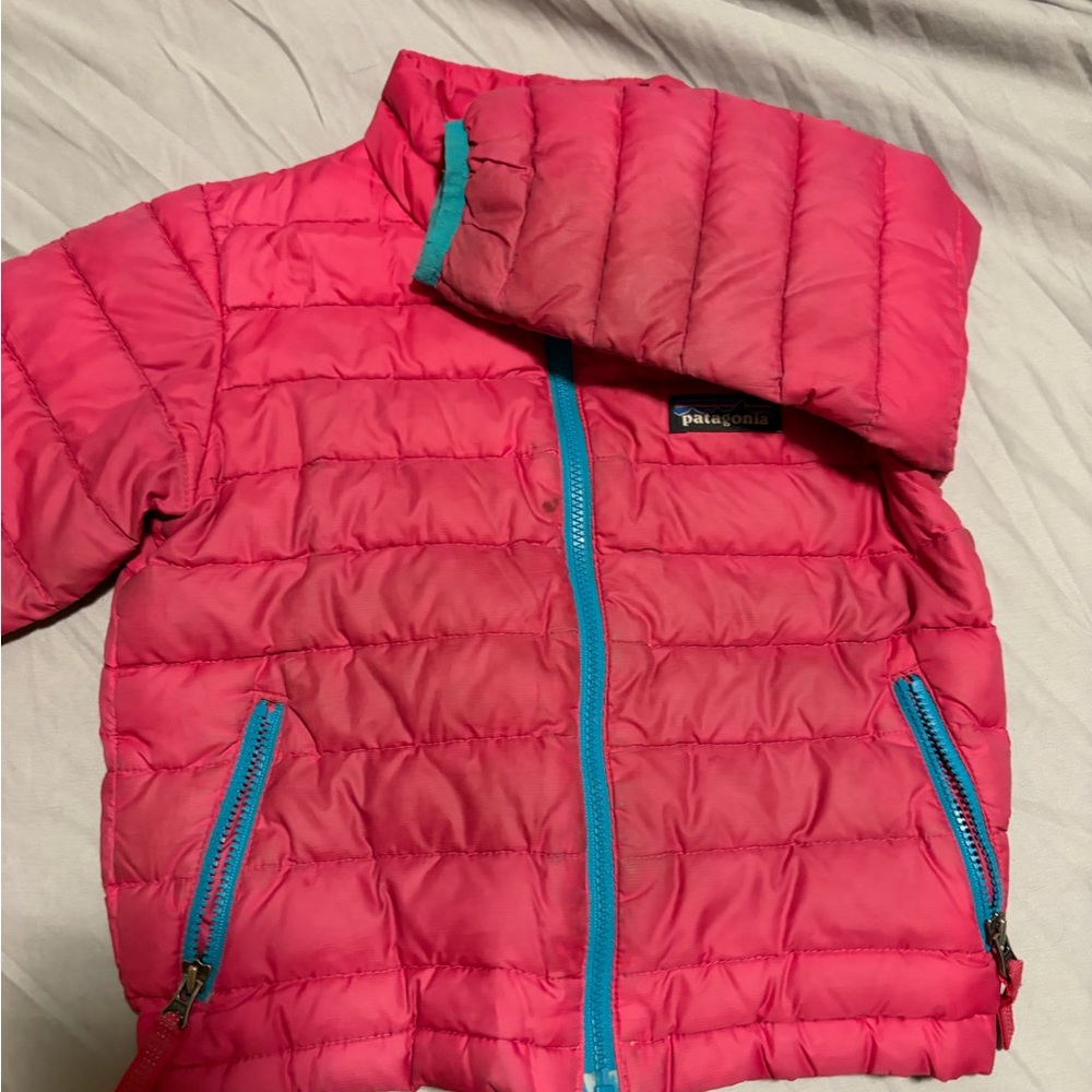 Patagonia Kids Bright Pink Puffer Jacket with Teal Trim
